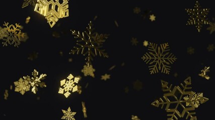 Poster - Golden snowflakes fall down in dark background. Merry christmas and happy new year. Glossy snow falling.