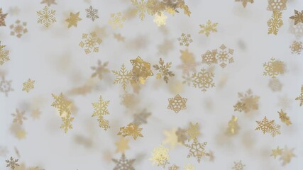 Poster - Golden snowflakes fall backward in light background. Merry christmas and happy new year.