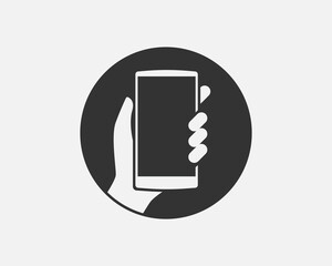 Poster - Hand holding smartphone icon. Mobile phone vector illustration. Logo hold cellphone.