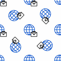 Poster - Line Online working icon isolated seamless pattern on white background. Freelancer man working on laptop at his house. Remote work. Distant job concept. Colorful outline concept. Vector