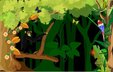 Wall Mural - Tropical jungle scene, blacl chimpanzee sits on tree, exotic amimals and plants