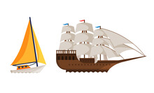 Sailing Yacht Or Boat With Mast As Watercraft Or Swimming Water Vessel Vector Set