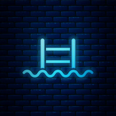 Wall Mural - Glowing neon Swimming pool with ladder icon isolated on brick wall background. Vector