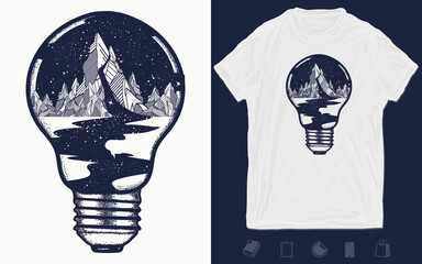 Wall Mural - Mountains in a light bulb, tattoo. Symbol of a travel, tourism. Outdoor t-shirt design. Vector graphics template. Hand drawn illustration