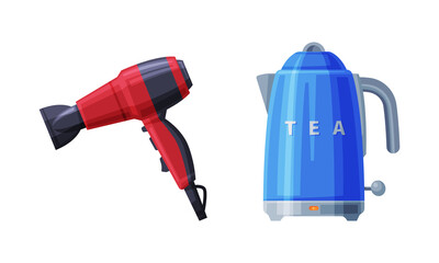 Sticker - Hair Dryer and Kettle as Home or Household Electric Appliance Vector Set