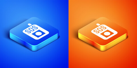 Sticker - Isometric Press the SOS button icon isolated on blue and orange background. Square button. Vector