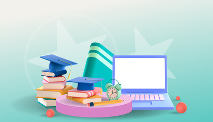 Poster - Education online Business concept and Laptop and working on Green Background. decor by book, copy space, digital, banner, website -3d Rendering