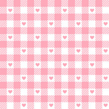 Pink Gingham Check Plaid With Heart Seamless Pattern. Pastel Vichy Tartan Background. Vector Flat Backdrop. Design For Blanket, Shirt, Wrapping, Easter Holiday Fashion Fabric