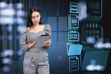 Poster - Office woman using tablet for work, documents storage in big com