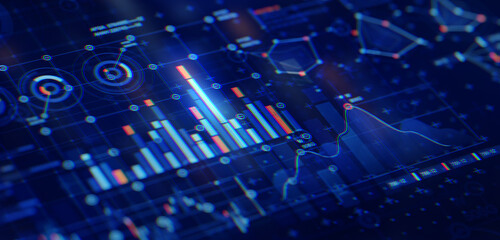Fototapete - Financial data document graph chart report statistic marketing research development  planning management strategy analysis accounting. Financial business technology hologram concept. 3d rendering.