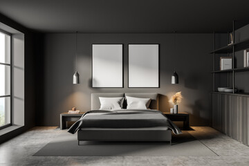 Two canvases in dark grey bedroom