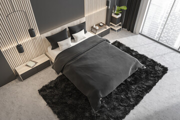 Top view of modern grey bedroom with white wood details