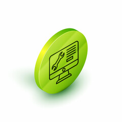 Poster - Isometric line Computer monitor with wrench icon isolated on white background. Adjusting, service, setting, maintenance, repair. Green circle button. Vector
