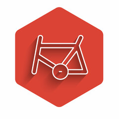 Sticker - White line Bicycle frame icon isolated with long shadow. Red hexagon button. Vector