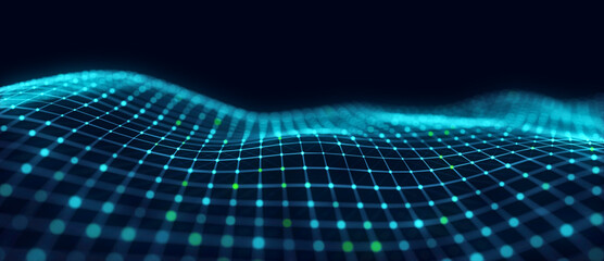 Abstract wave with moving dots and lines. Flow of particles. Cyber technology illustration. 3d rendering
