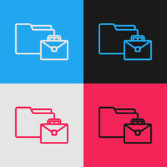 Poster - Pop art line Online working icon isolated on color background. Freelancer man working on laptop at his house. Remote work. Distant job concept. Vector