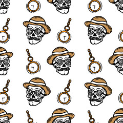 Wall Mural - seamless pattern skull with hypnotic glasses and clock