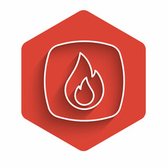 Wall Mural - White line Fire flame icon isolated with long shadow background. Red hexagon button. Vector