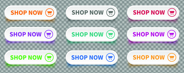 Leinwandbilder - Shop now. Set of button shop now or buy now on transparent background. Modern collection for web site. Vector illustration.