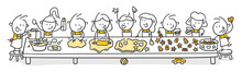 Strichfiguren / Strichmännchen: Weihnachtsbäckerei, Kinder, Teamwork, Backen. (Nr. 712)