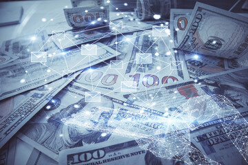 Poster - Double exposure of E-mail envelop drawing over usa dollars bill background. Concept of connection.