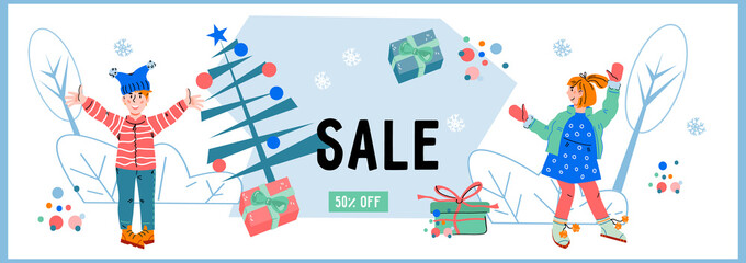 Wall Mural - Christmas sale and discount flyer layout for kids fashion and toys store. Christmas and New Years kids sale banner or poster, flyer template, flat vector illustration.