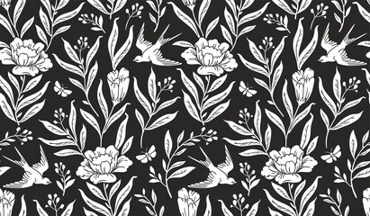 Wall Mural - boho mystical seamless pattern. vector background with flower, bird and floral elements in trendy bo