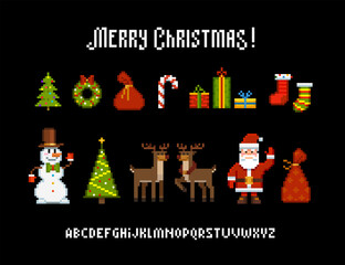 Wall Mural - Pixel Art Christmas icons set with Santa, deers, snowman, christmas tree, decoration elements - vector template. Cartoon Merry Christmas text symbols in  8-bit style. Pixel gift box, sock, box