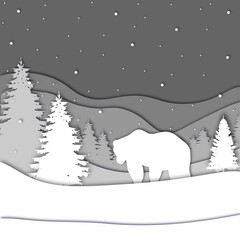 Bear in forest in the winter season with trees and snow. Paper cut style. Merry Christmas card. Vector illustration.
