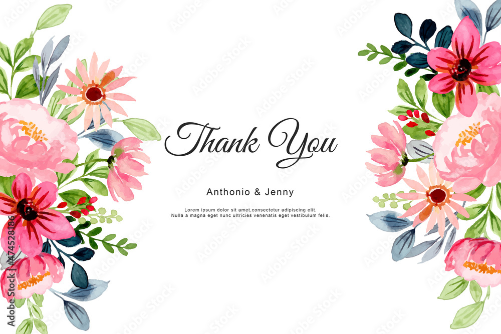 Thank you card with pink floral watercolor Stock Vector | Adobe Stock