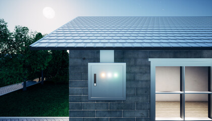 Wall Mural - 3d rendering of eco house building and green power energy consist of solar cell or photovoltaic cell in solar shingles and electrical cabinet. System technology for generate electrical power at night.