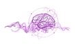 Abstract dynamic linear illustration of a brain with waves and stars in orbits. Purple lines isolated on transparent background. Creative digital drawing