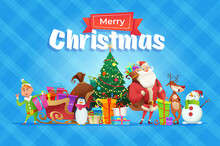 Christmas Card With Cartoon Characters: Elf, Penguin, Santa, Deer, Snowman And Decorated Tree On Blue Background.