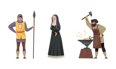 Inhabitants of the medieval city set. Guard, nun, blacksmith characters vector illustration