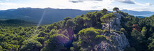 Green Wooded Valley Between Mountains Ranges, Panoramic View.