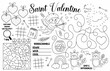 © Lexi Claus - Vector Saint Valentine placemat for kids. Love holiday printable activity mat with maze, tic tac toe charts, connect the dots, find difference. Black and white play mat or coloring page.