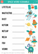 Vector space word scramble activity page. English language game with astronaut, star, rocker, planet, alien for kids. Astronomy family quiz. Simple educational printable worksheet..