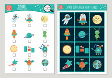 Vector Space Scavenger Hunt Cards Set. Seek And Find Game With Cute Astronaut, Star, Rocker, Planet, Alien Kids. Astronomy Searching Activity. Simple Educational Printable Worksheet.