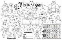 Vector Magic Kingdom Placemat For Kids. Fairytale Printable Activity Mat With Maze, Tic Tac Toe Charts, Connect The Dots, Find Difference. Black And White Play Mat Or Coloring Page.