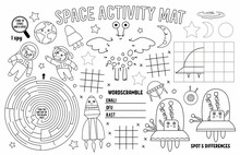 Vector Space Placemat For Kids. Fairytale Printable Activity Mat With Maze, Tic Tac Toe Charts, Connect The Dots, Find Difference. Black And White Play Mat Or Coloring Page.