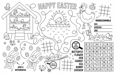 vector easter placemat for kids. spring holiday printable activity mat with maze, tic tac toe charts