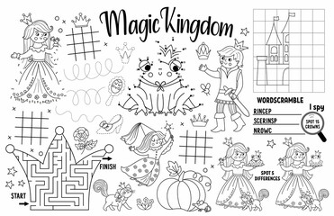 Vector Magic kingdom placemat for kids. Fairytale printable activity mat with maze, tic tac toe charts, connect the dots, find difference. Black and white play mat or coloring page.