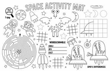 vector space placemat for kids. fairytale printable activity mat with maze, tic tac toe charts, conn