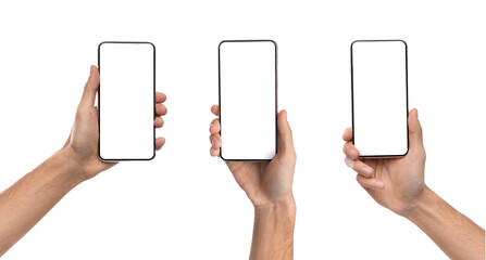 Male hands showing smartphone with empty screens, closeup