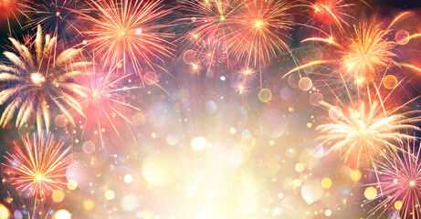 Wall Mural - fireworks with golden lights - anniversary celebration in night with abstract defocused bokeh