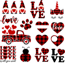 Set Of Valentine's Day Vector Elements Isolated On White Background: Red Buffalo Plaid Valentine Gnomes Holding Hearts, Unicorn Face, Old Vintage Truck. Love Clipart