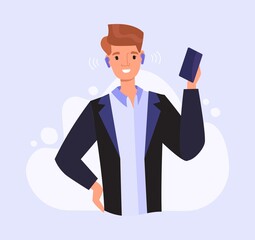 Poster - man with smartphone. character calls his friends, chatting on internet, recording timed messages or 