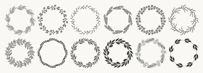 Wall Mural - Set of floral round frames. Vintage plant wreaths with leaves and branches. Laurel wreaths. Decorative hand drawn elements for design
