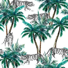 Jungle seamless pattern. Tropical palm trees and white tiger. Hand drawn watercolour illustration