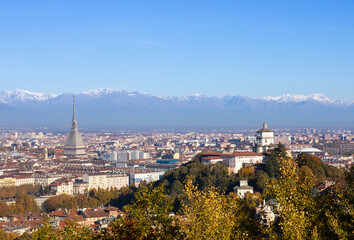 Poster - Turin panorama with Alps and Mole Antonelliana, Italy. Skyline of the symbol of Piedmont Region with Monte dei Cappuccini - Cappuccini's Hill. Sunrise light.